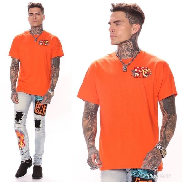 2/$30 Fashion Nova MTV Mushrooms Short Sleeve Tee - Orange - Picture 1 of 8